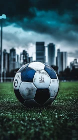 Weathered soccer ball on wet turf before stormy skyline.