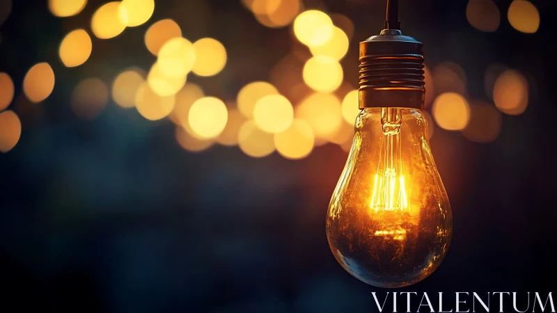 Glowing filament bulb shines amid warm bokeh lights.