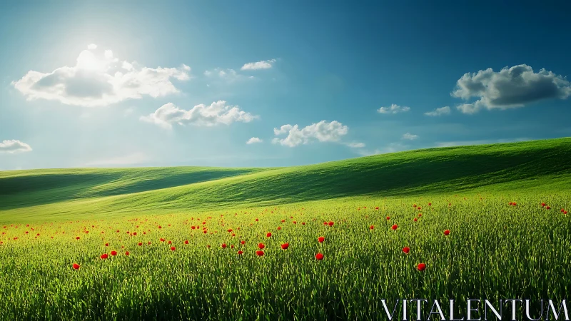 Rolling green hills under radiant sky with red wildflowers.