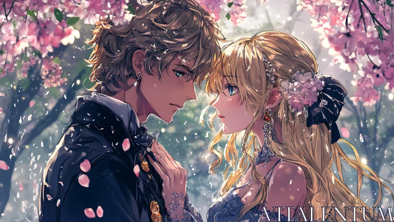 Two anime figures stand facing each other under cherry blossoms