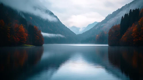 Mountain lake with misty forested slopes in autumn light.