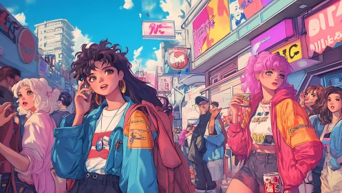 Neon city street scene with stylized youth characters.