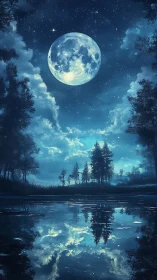 Moonlit forest lake reflects a luminous, star-filled sky.