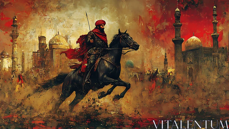 Armored horseman charging through burning desert cityscape