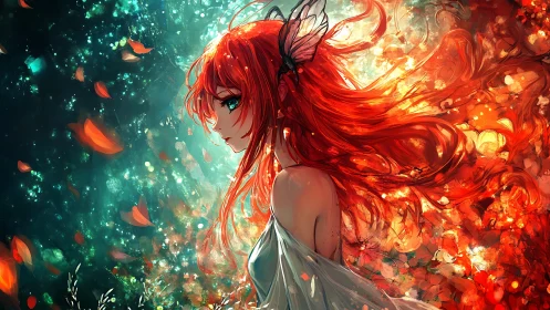 Side-lit red-haired girl with butterfly hairpiece amid bokeh flare field
