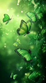 Digital painting of emerald butterflies in luminous foliage field.