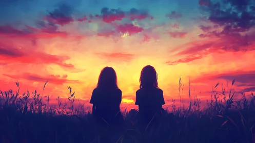 Sunset friendship glow with two silhouettes in tall grass.