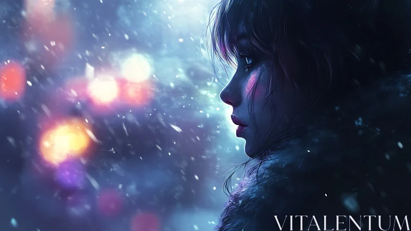 Profile portrait of woman in snowy night city light