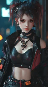Cyberpunk street girl in black leather outfit at night.