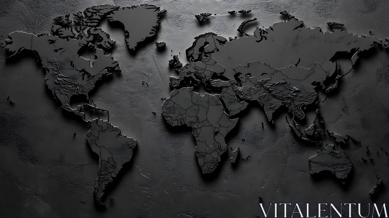 Monochrome raised relief world map on dark textured wall.