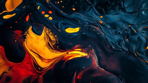 Digital painting of molten chroma currents in dark fluid space.