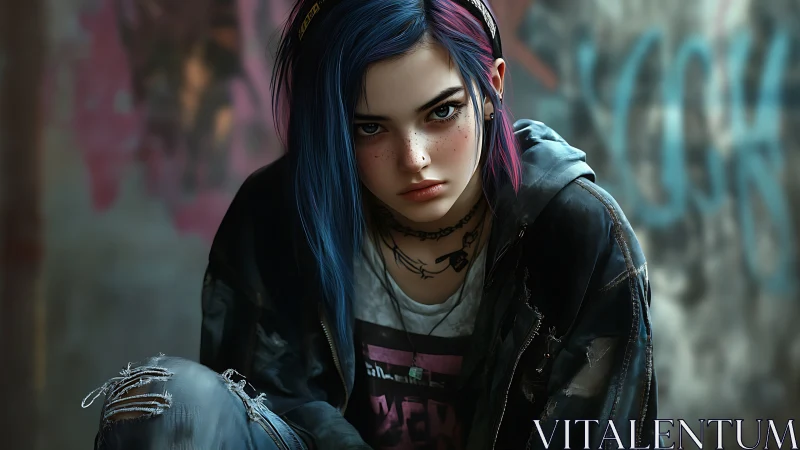 Urban portrait of punk girl with dual-tone hair and grunge styling