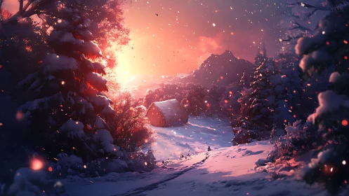 Snowdrifts blush warmly as dusk crowns a hidden cabin