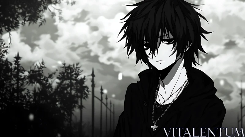 Monochrome anime boy before fence and overcast sky.