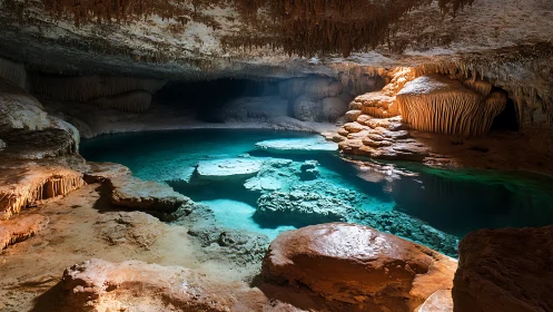 Crystal cave pool with turquoise water and limestone forms.