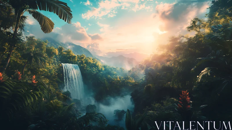 Luminous tropical waterfall valley under cinematic sunrise glow.