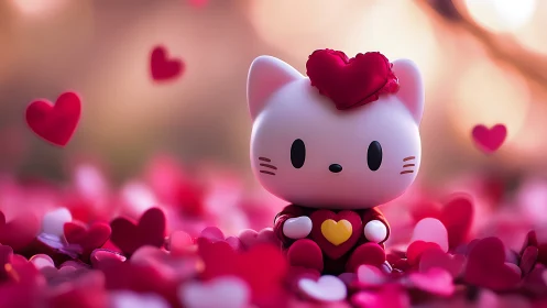 Cat figurine positioned among heart-shaped decorative elements