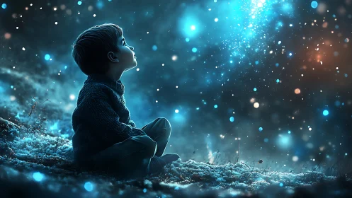 Child seated in snow observing luminous particles at night.