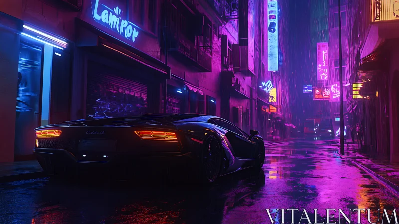 Neon supercar in rain-soaked cyberpunk alleyway at night.