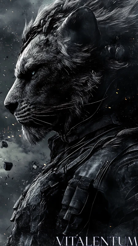 Battle-hardened lion warrior gazes ahead with fierce resolve