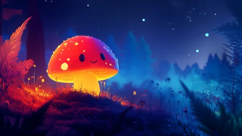 Glowing stylized mushroom character stands in a nocturnal forest