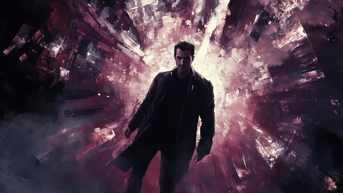 Dark urban figure emerging through explosive light portal.