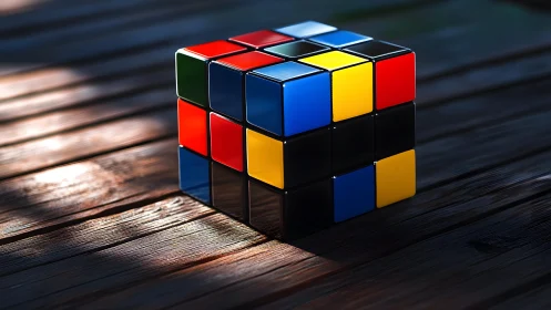 Colorful puzzle cube resting in soft wooden sunlight.