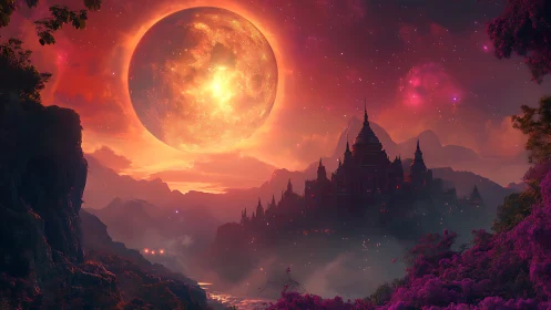 Giant orange moon above dark fantasy temple city at dusk