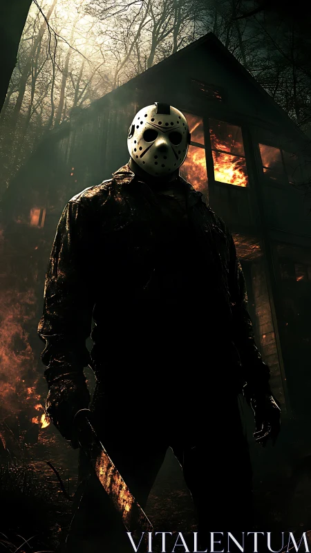 Hockey-masked slasher silhouette before burning forest cabin.