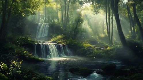 Tiered Waterfall Forest Stream with Atmospheric Light