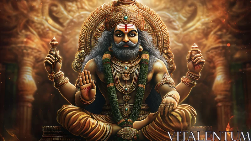 Regal multi-armed deity seated in ornate golden shrine.