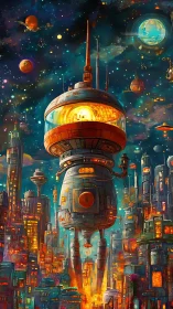 Futuristic rocket tower over dense neon sci fi cityscape.