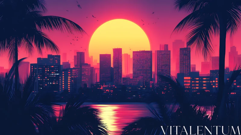 Neon city skyline silhouettes against oversized sunset