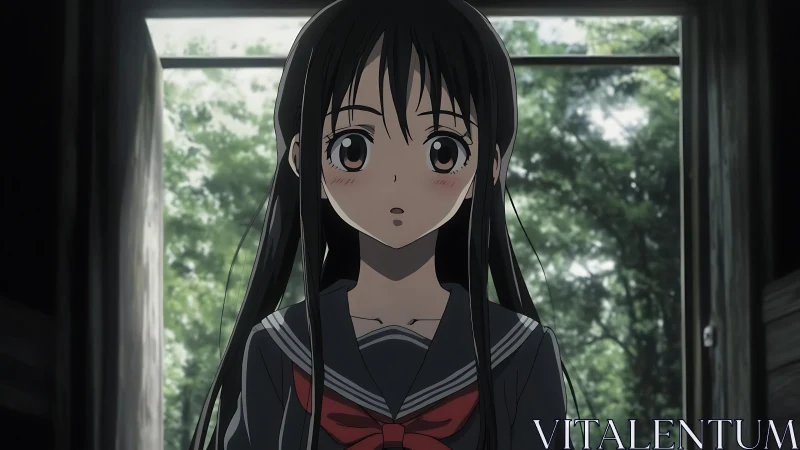 Anime schoolgirl in uniform at doorway facing forest light.