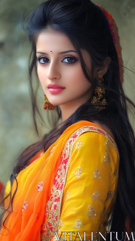 Digital portrait of young woman in embroidered yellow sari