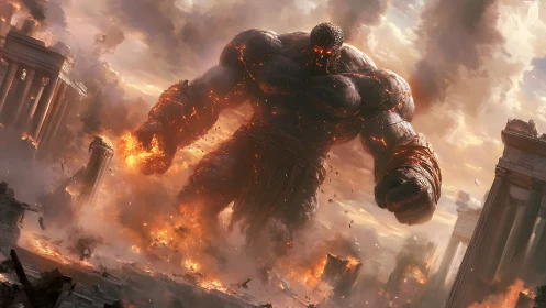 Colossal molten titan devastates neoclassical cityscape in flame