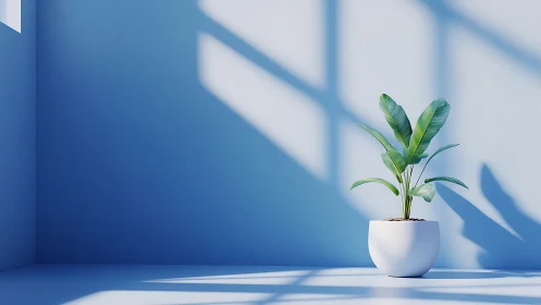 Minimalist banana plant in white pot under hard window light