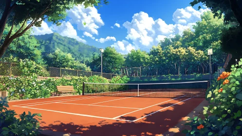 Sunlit tennis court rests amid lush summer mountainside.