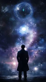 Silhouetted wanderer confronts swirling cosmic portal above