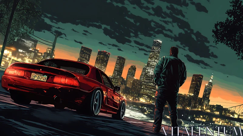 Man and red sports car overlook illuminated city skyline
