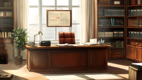 Warm sunlit law office with polished wooden desk and shelves.