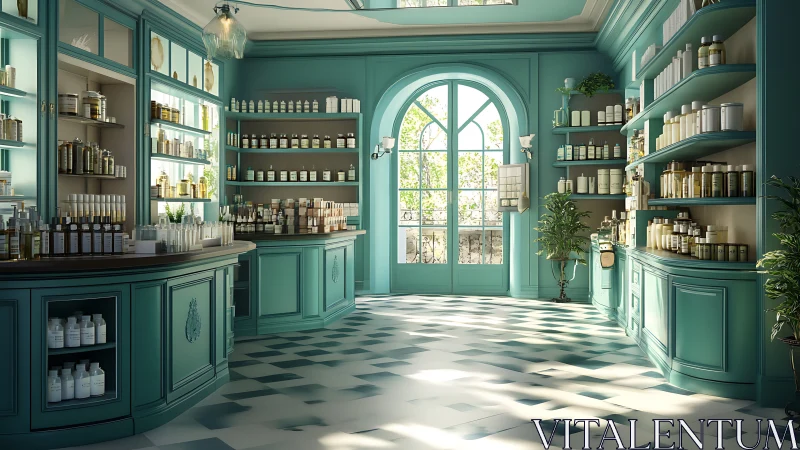 Sunlit teal apothecary shop swirling with glass and calm.