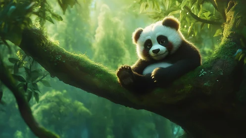Digital painting of baby panda on mossy rainforest branch.