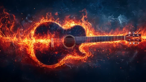 Fiery acoustic guitar blazing across dark cosmic backdrop.