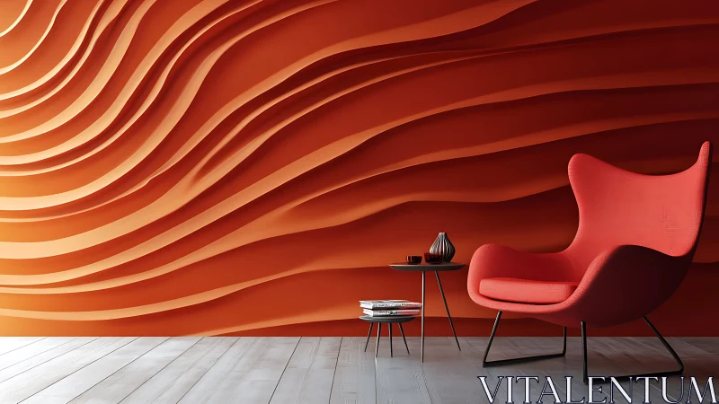Modern lounge with sculpted orange wave accent wall.