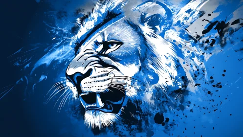 Cobalt roar: splattered lion spirit in motion storm.