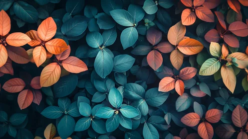 Digital foliage tapestry with teal&ndash;orange chromatic contrast.