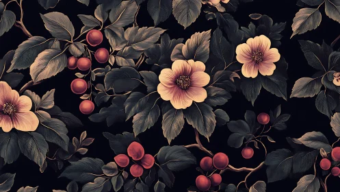 Botanical Illustration with Flowering Stems and Clustered Red Berries