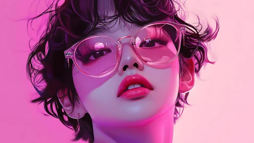 Digital portrait with pink neon glasses and glossy lips.