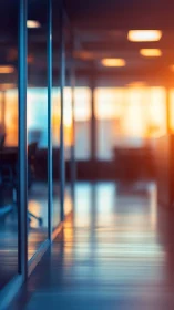 Architectural perspective through glass planes with warm ambient lighting and depth-of-field blur